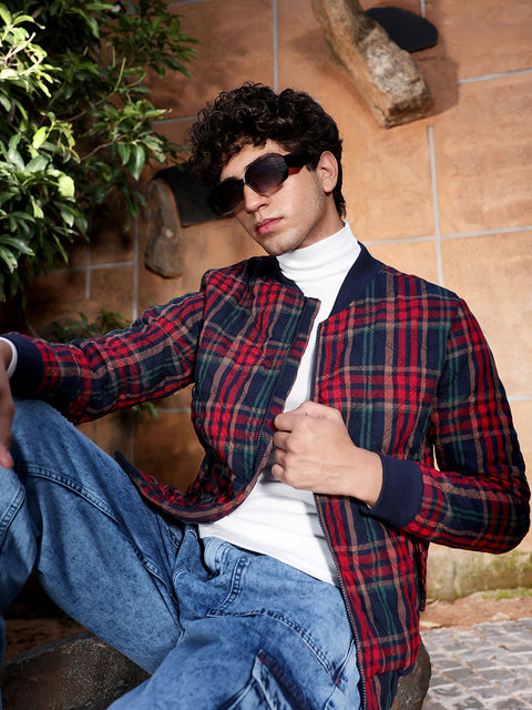 Face Card Tartan Plaid Bomber Jacket