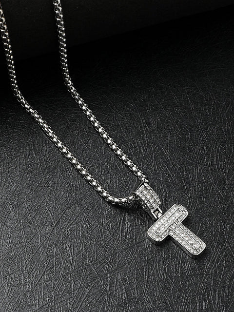 Chaos - Embellished T Alphabet Pendant with Chain - Silver