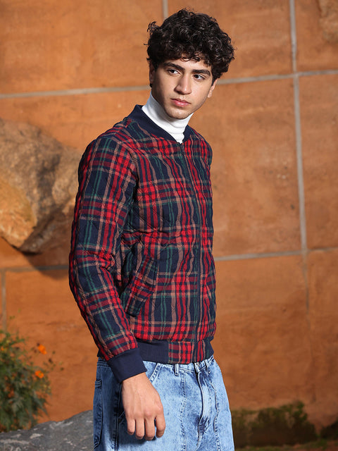 Face Card Tartan Plaid Bomber Jacket