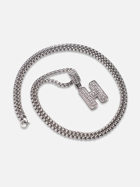 Chaos - Embellished H Alphabet Pendant with Chain - Silver