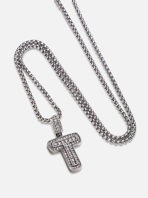 Chaos - Embellished T Alphabet Pendant with Chain - Silver