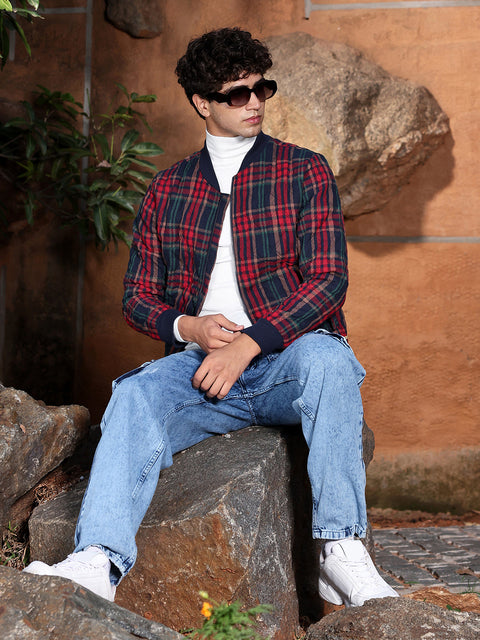 Face Card Tartan Plaid Bomber Jacket
