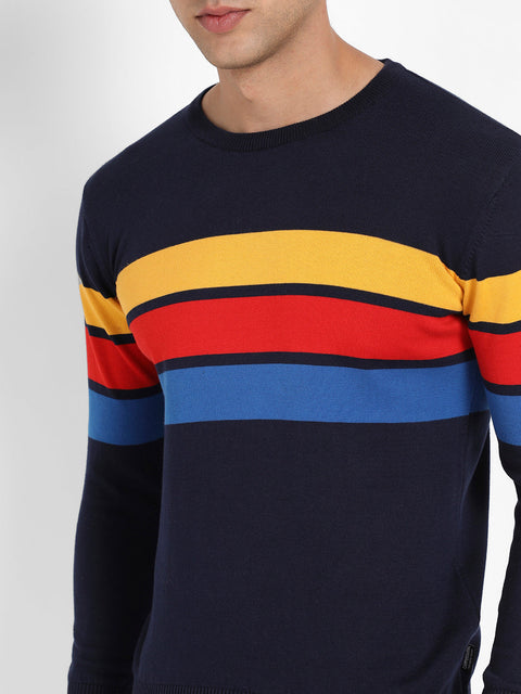 Men's Navy Blue Contrast Panel Pullover Sweater