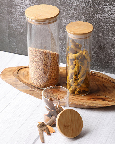 VYBE Solid Glass Storage Jar With Wooden Lid Set | Pack Of 3