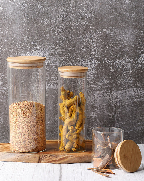 VYBE Solid Glass Storage Jar With Wooden Lid Set | Pack Of 3