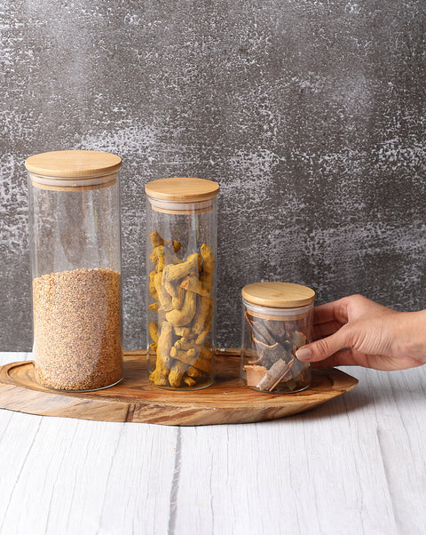 VYBE Solid Glass Storage Jar With Wooden Lid Set | Pack Of 3