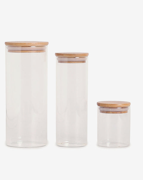 VYBE Solid Glass Storage Jar With Wooden Lid Set | Pack Of 3