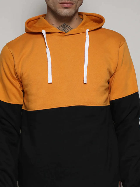 Black & Mustard Yellow Pullover Hoodie With Ribbed Hem