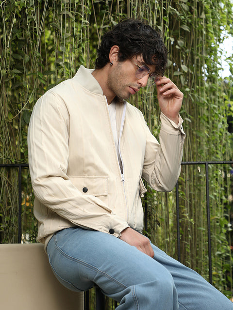 Iconic Everyday Zip-Front Stripe-Tactile Bomber Jacket