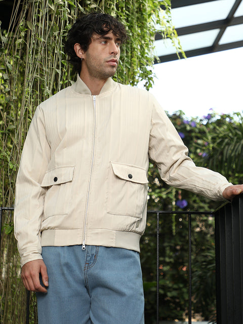 Iconic Everyday Zip-Front Stripe-Tactile Bomber Jacket
