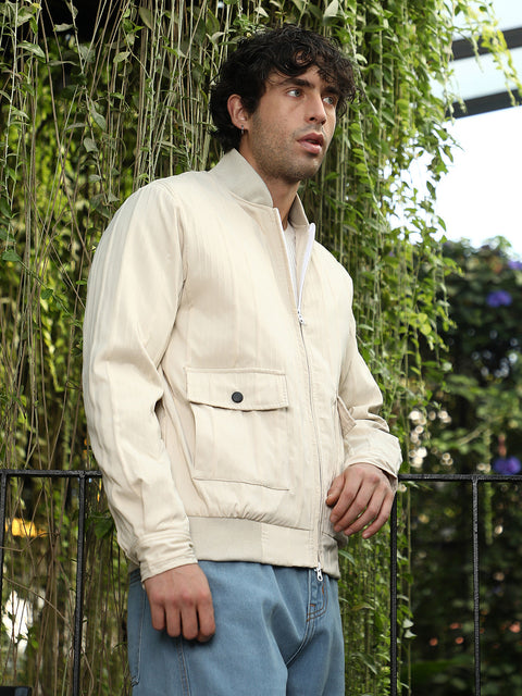 Iconic Everyday Zip-Front Stripe-Tactile Bomber Jacket