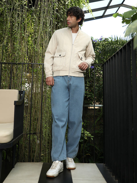 Iconic Everyday Zip-Front Stripe-Tactile Bomber Jacket