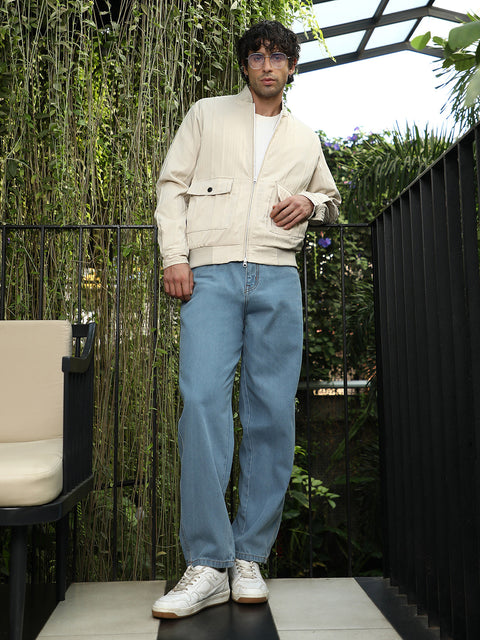Iconic Everyday Zip-Front Stripe-Tactile Bomber Jacket