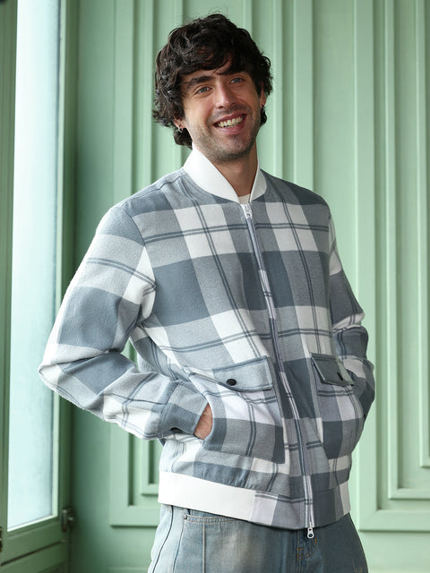 Runway Gods Zip-Front Tartan Bomber Jacket