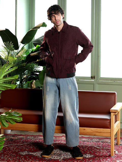 Take 2 Zip-Front Foliage-Tactile Bomber Jacket