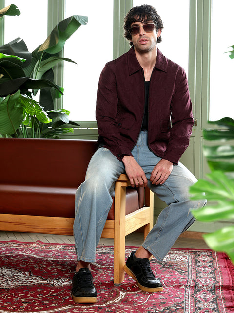 Take 2 Zip-Front Foliage-Tactile Bomber Jacket