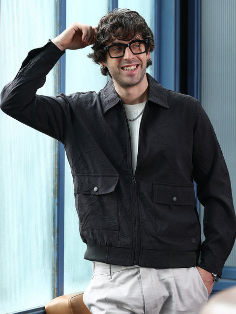 Take 2 Zip-Front Foliage-Tactile Bomber Jacket