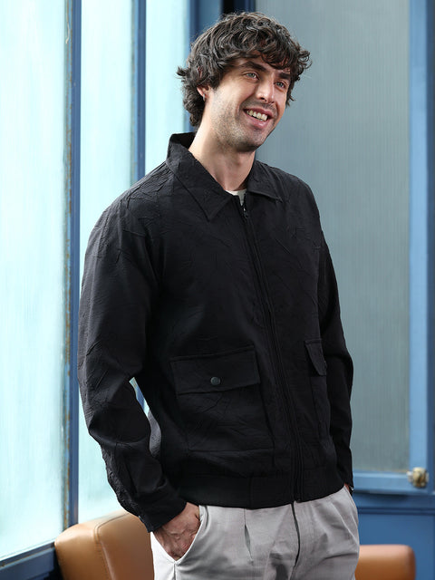Take 2 Zip-Front Foliage-Tactile Bomber Jacket