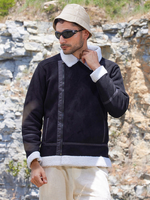 Face Card Fleece Lined Biker Jacket