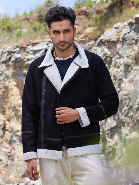 Face Card Fleece Lined Biker Jacket