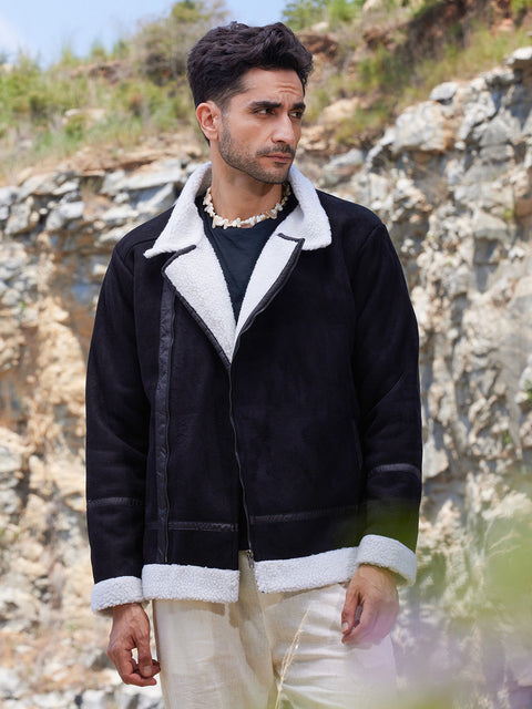 Face Card Fleece Lined Biker Jacket