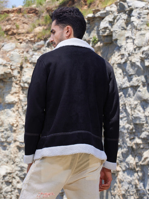 Face Card Fleece Lined Biker Jacket