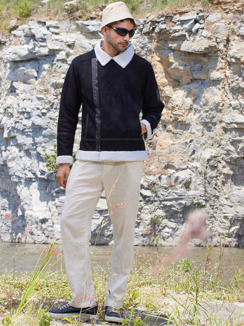 Face Card Fleece Lined Biker Jacket