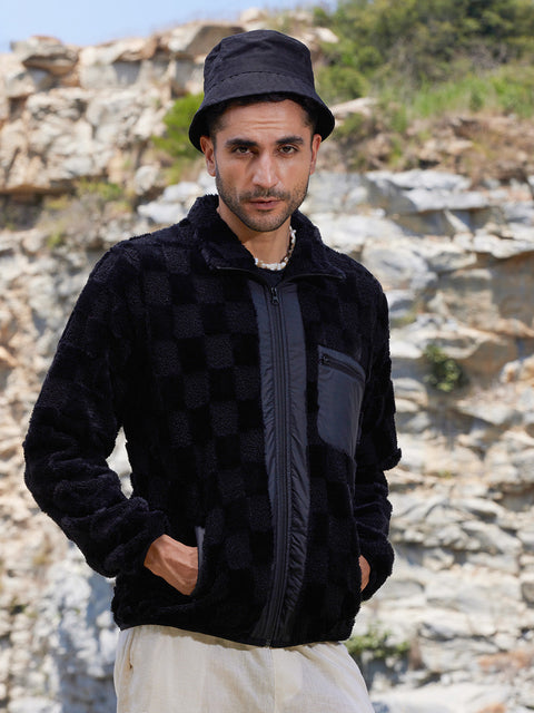 Face Card Fleece Buffalo Check Puffer Jacket