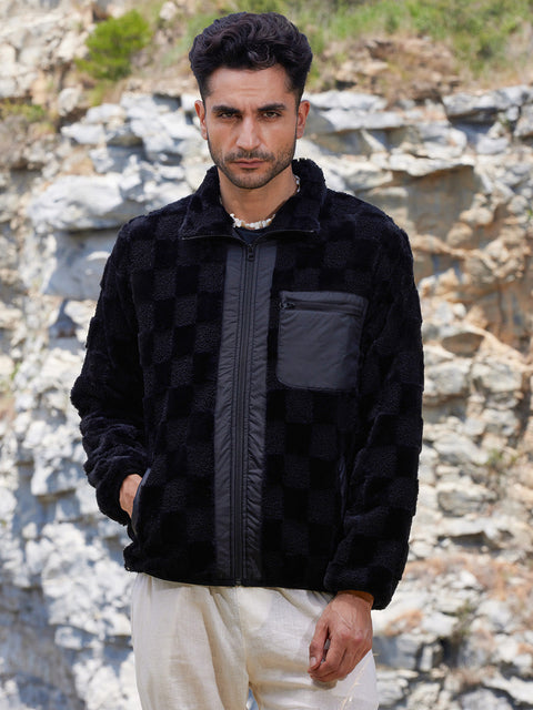 Face Card Fleece Buffalo Check Puffer Jacket
