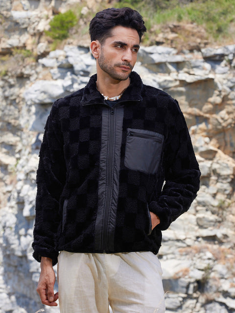Face Card Fleece Buffalo Check Puffer Jacket
