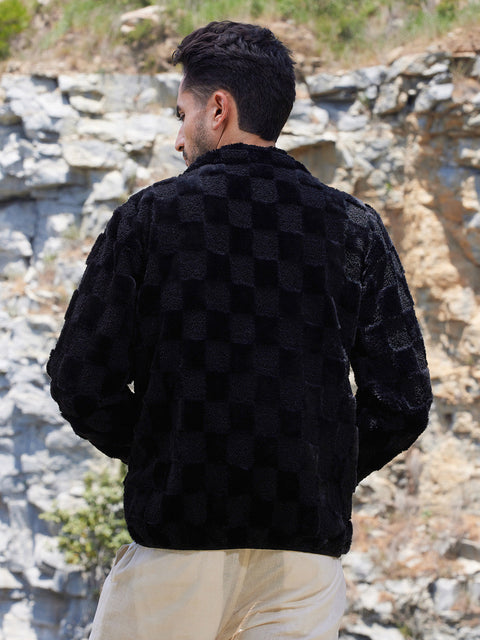 Face Card Fleece Buffalo Check Puffer Jacket