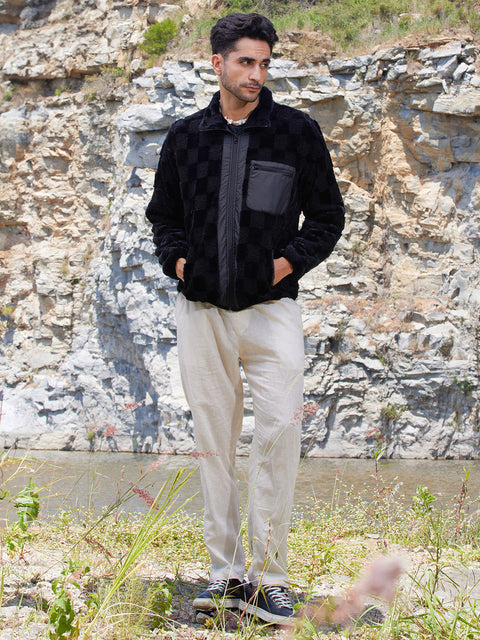 Face Card Fleece Buffalo Check Puffer Jacket