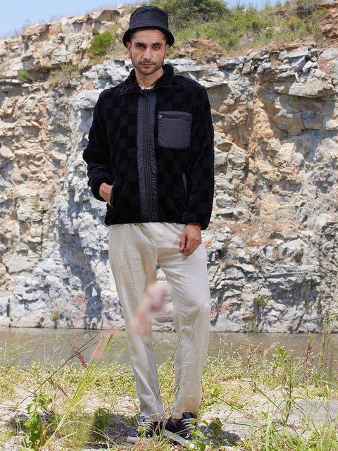 Face Card Fleece Buffalo Check Puffer Jacket