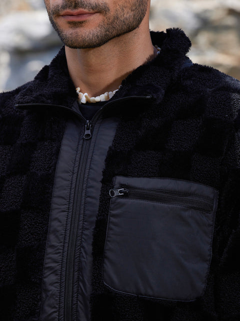 Face Card Fleece Buffalo Check Puffer Jacket