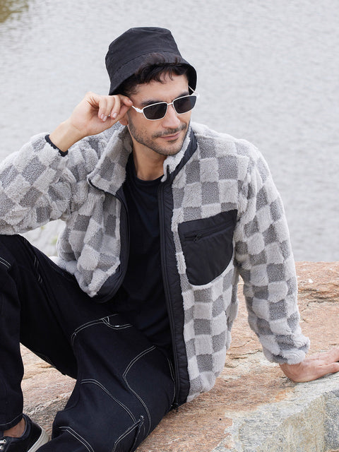 Face Card Fleece Buffalo Check Puffer Jacket