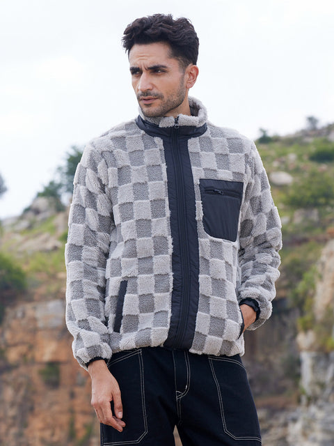 Face Card Fleece Buffalo Check Puffer Jacket