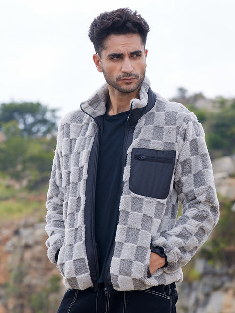 Face Card Fleece Buffalo Check Puffer Jacket
