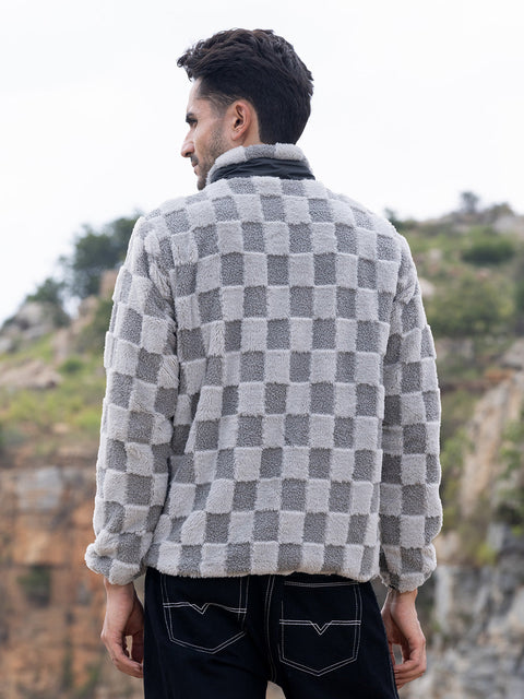 Face Card Fleece Buffalo Check Puffer Jacket