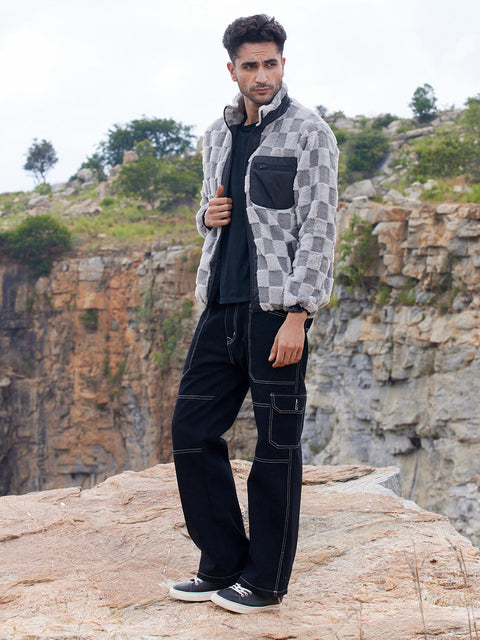 Face Card Fleece Buffalo Check Puffer Jacket