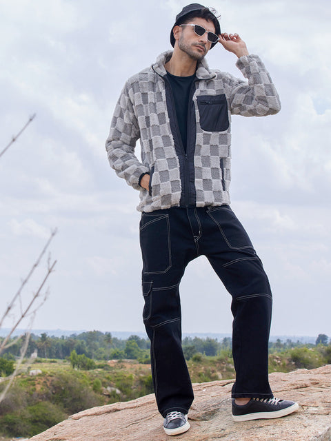 Face Card Fleece Buffalo Check Puffer Jacket