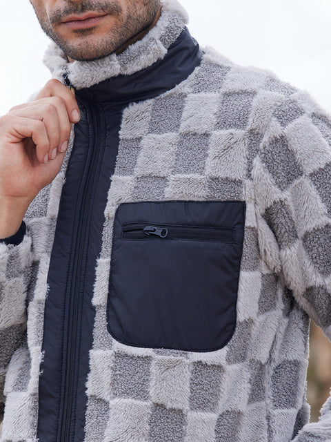 Face Card Fleece Buffalo Check Puffer Jacket