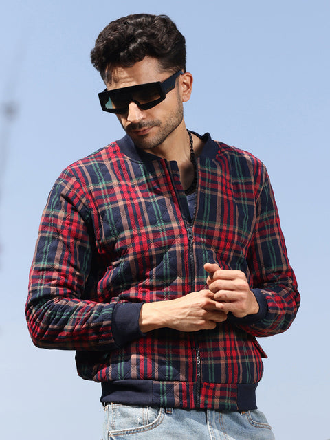 Face Card Tartan Plaid Bomber Jacket