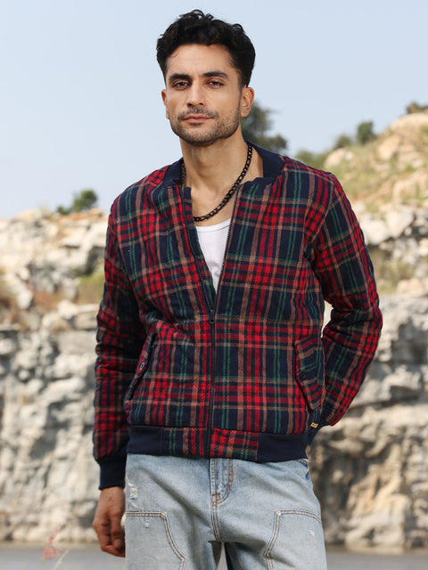 Face Card Tartan Plaid Bomber Jacket