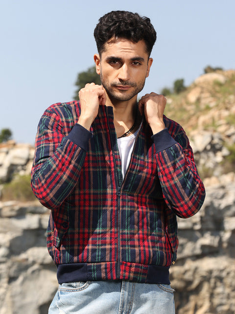 Face Card Tartan Plaid Bomber Jacket