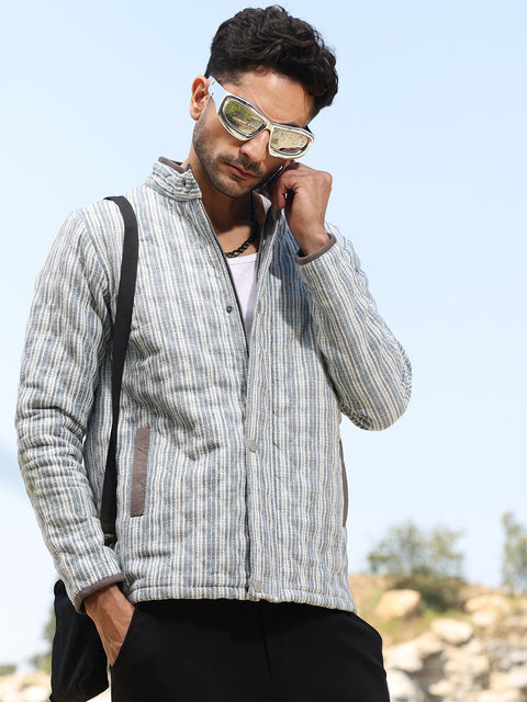 Face Card Striped Quilted Bomber Jacket