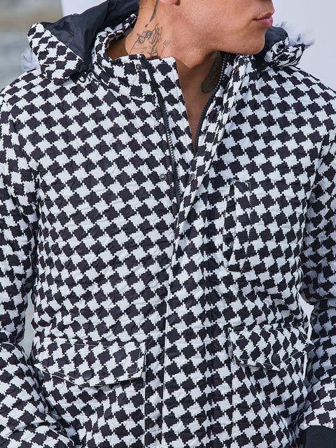 Behookd Checkboard Puffer Jacket With Fleece Hood