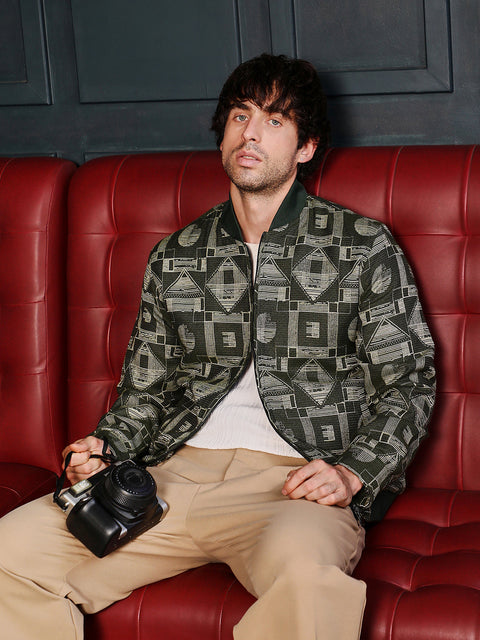 Hooked Geometric-Jacquard Bomber Jacket