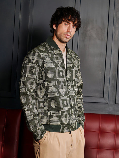 Hooked Geometric-Jacquard Bomber Jacket
