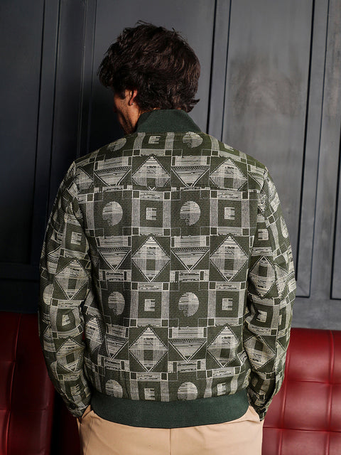 Hooked Geometric-Jacquard Bomber Jacket