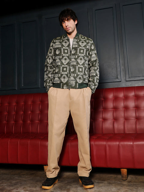 Hooked Geometric-Jacquard Bomber Jacket